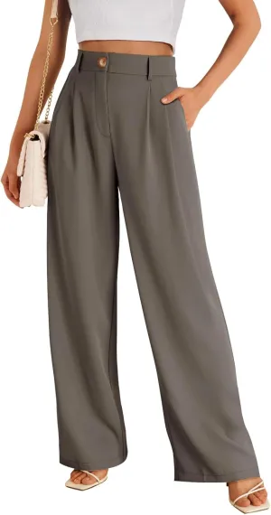 Business Work Pant for Women Fashion Dressy Wide Leg Pants Button Down High Waisted Pant Office Trousers with Pockets