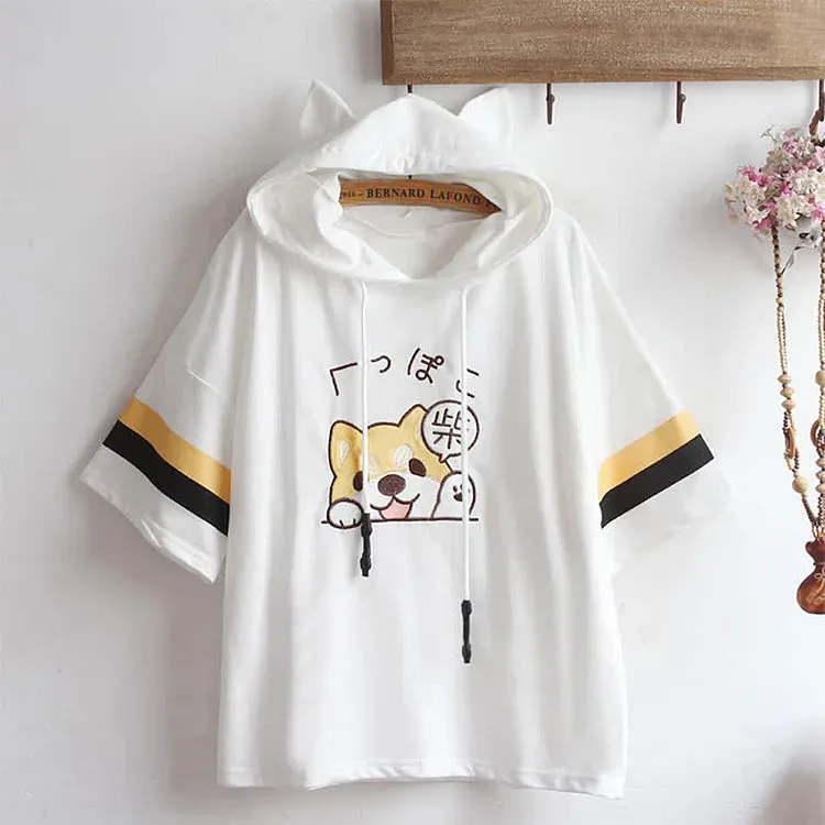 Cartoon Puppy Letter Embroidery Hooded T-Shirt Overalls Pants
