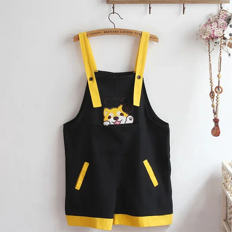 Cartoon Puppy Letter Embroidery Hooded T-Shirt Overalls Pants