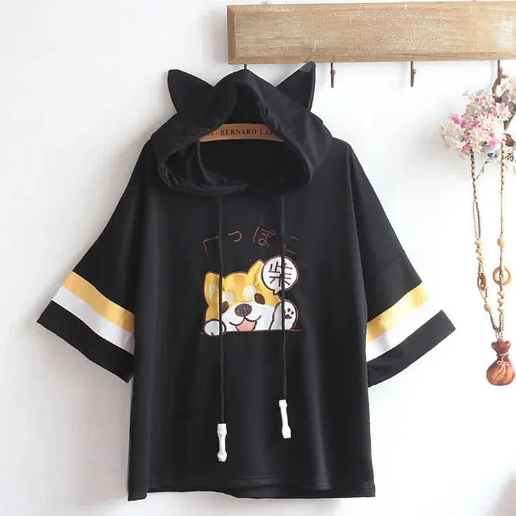 Cartoon Puppy Letter Embroidery Hooded T-Shirt Overalls Pants