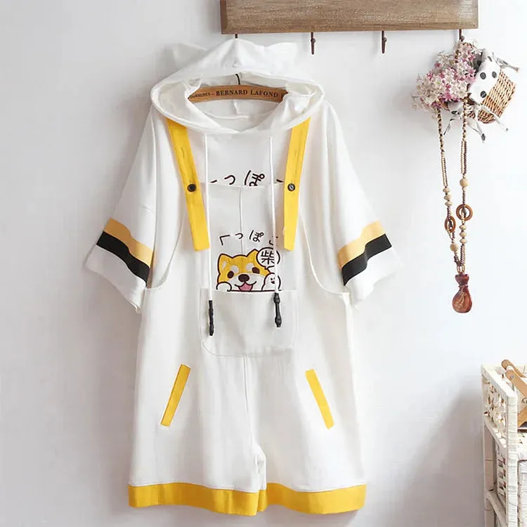 Cartoon Puppy Letter Embroidery Hooded T-Shirt Overalls Pants