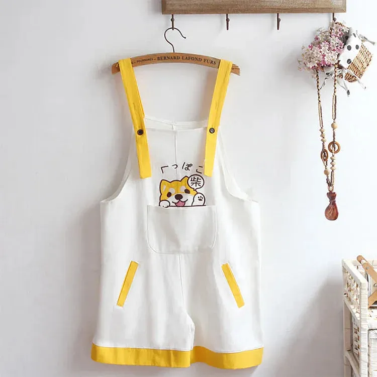 Cartoon Puppy Letter Embroidery Hooded T-Shirt Overalls Pants