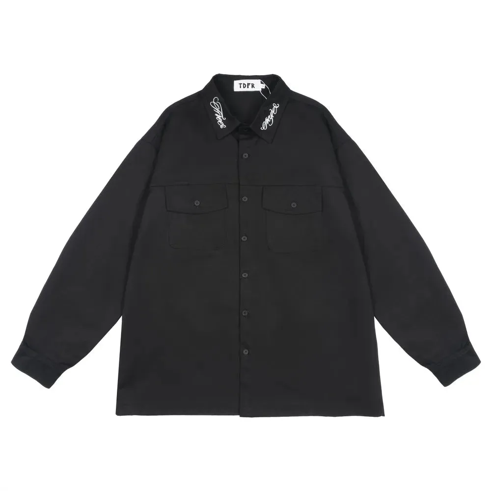 Casual Loose Lapel Cargo Shirts with Letter Embroidery and Single Breasted Pocket