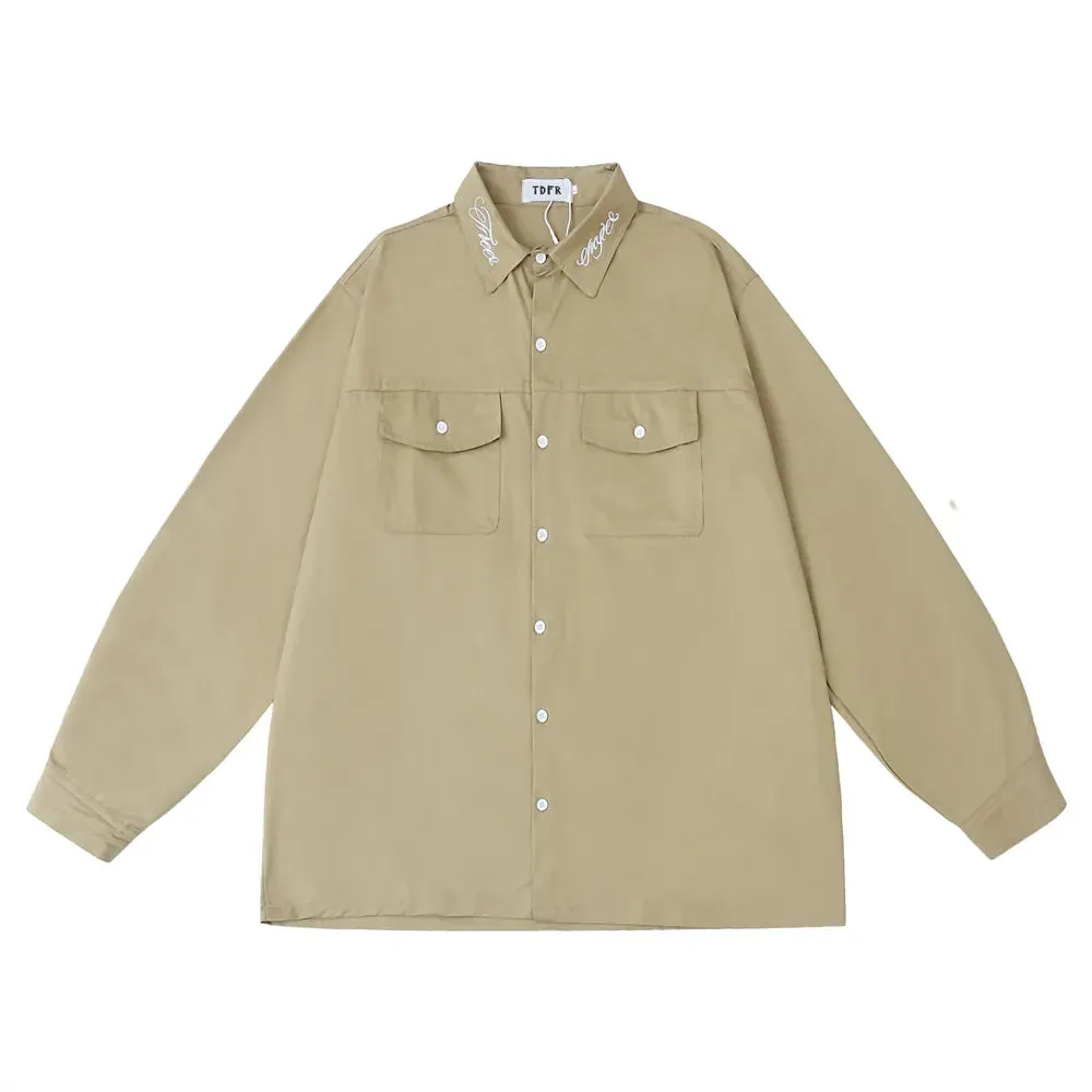 Casual Loose Lapel Cargo Shirts with Letter Embroidery and Single Breasted Pocket