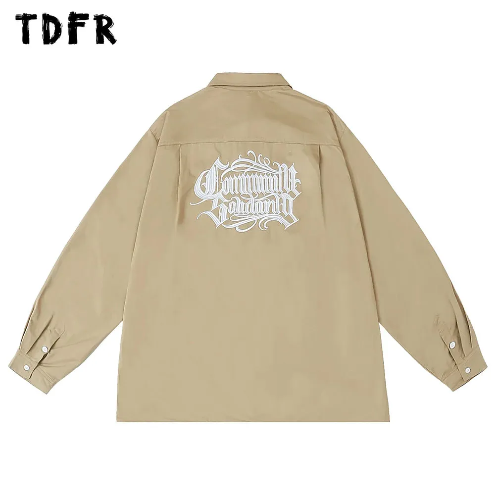 Casual Loose Lapel Cargo Shirts with Letter Embroidery and Single Breasted Pocket