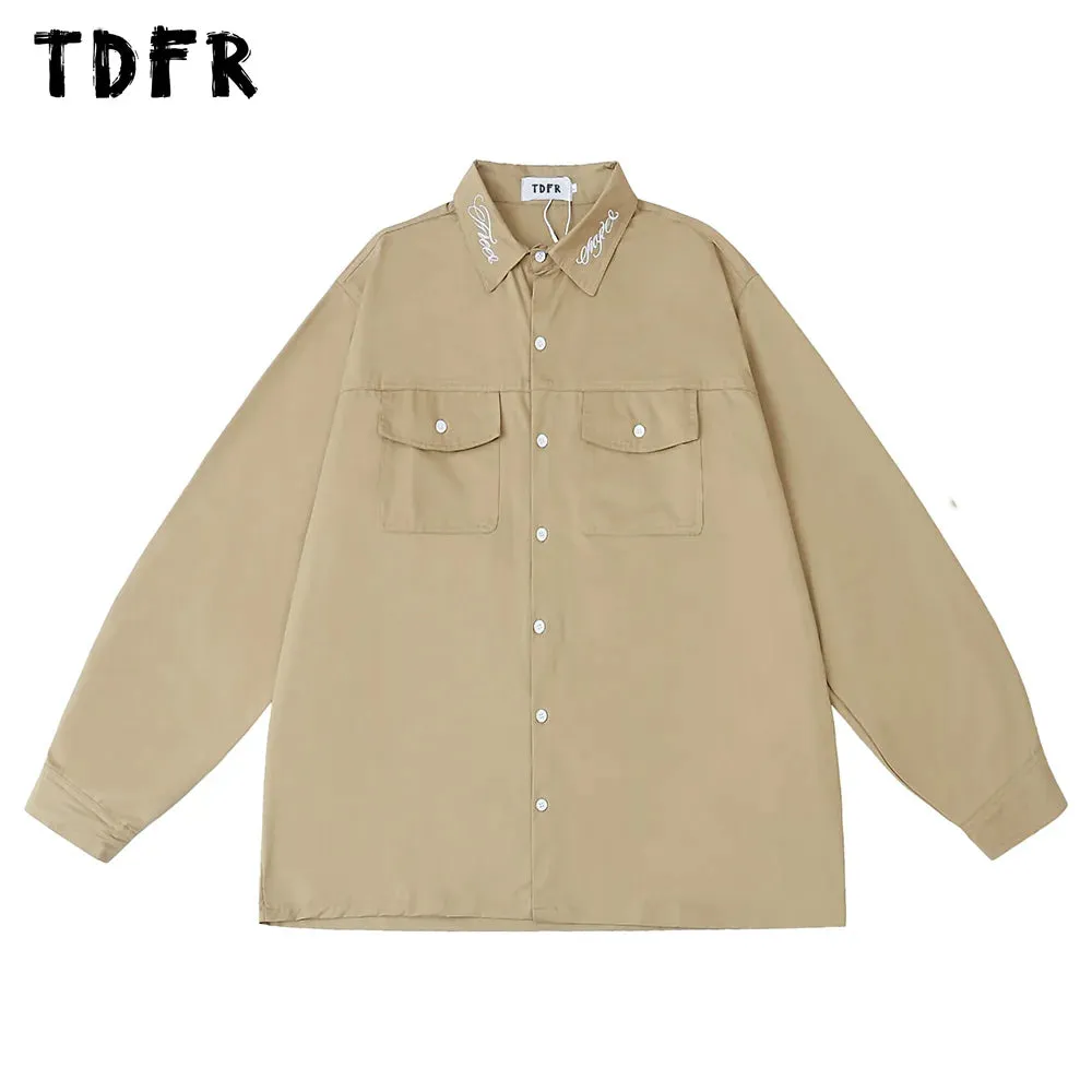 Casual Loose Lapel Cargo Shirts with Letter Embroidery and Single Breasted Pocket