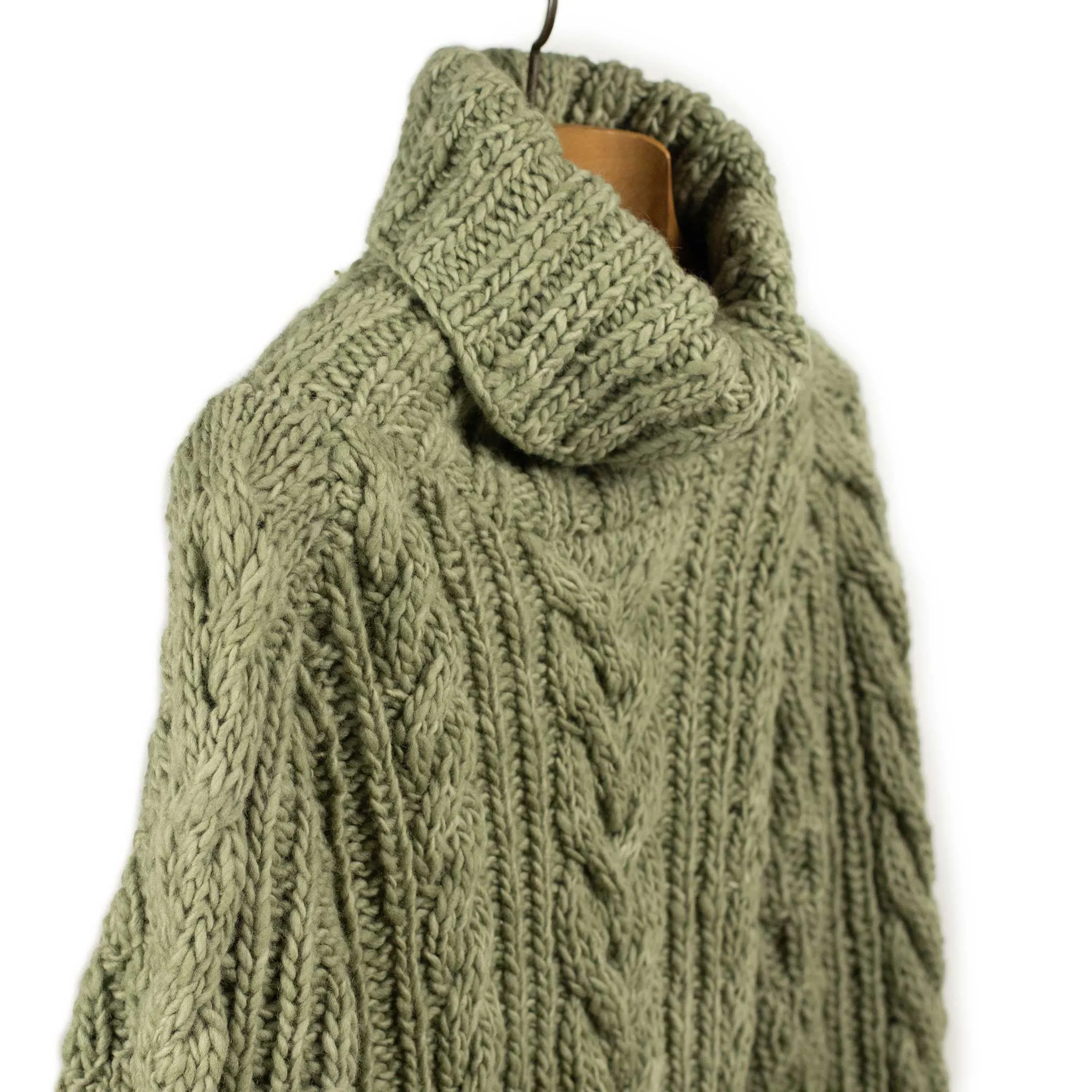 Chamula hand-knit Fisherman Turtleneck sweater in Light Military green wool