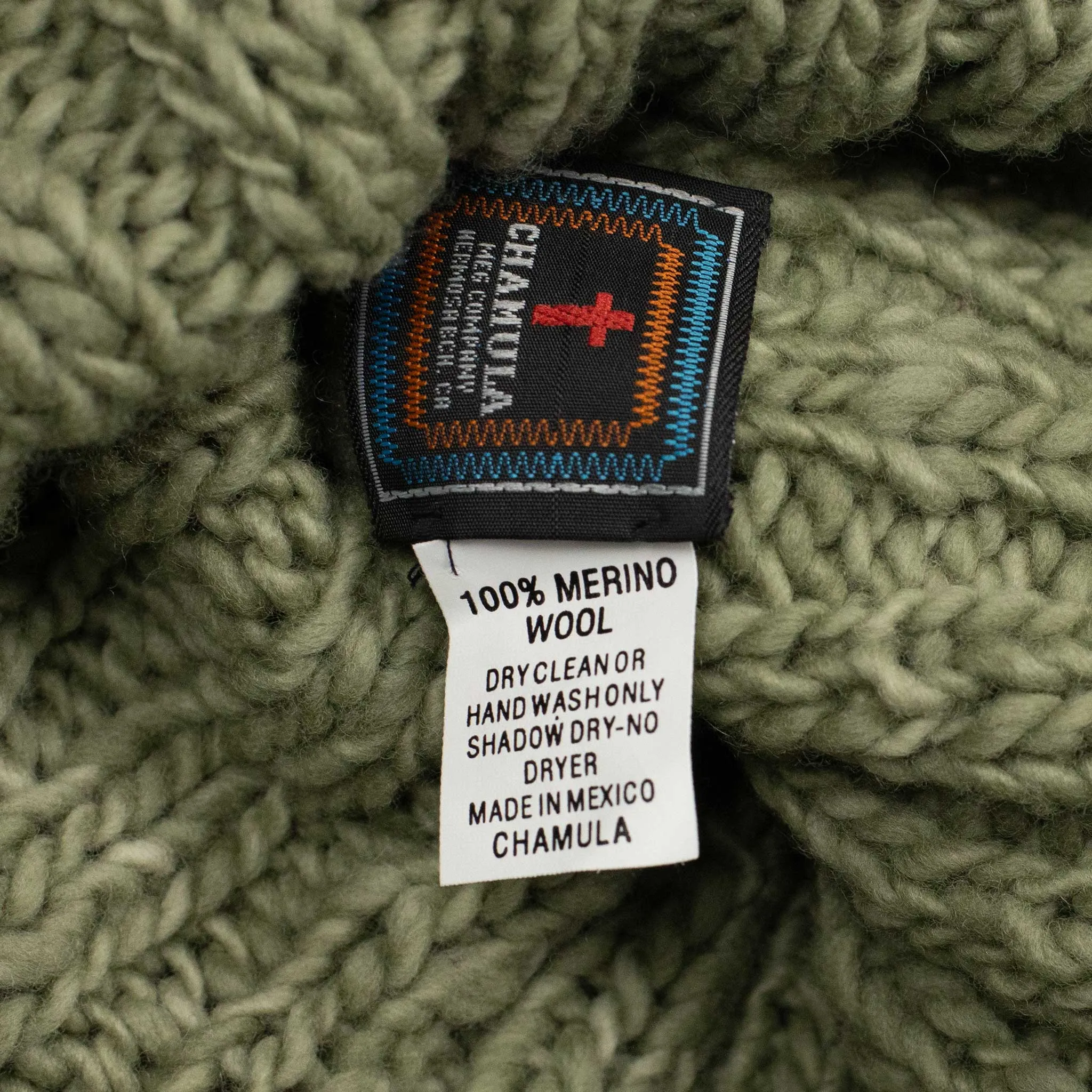 Chamula hand-knit Fisherman Turtleneck sweater in Light Military green wool