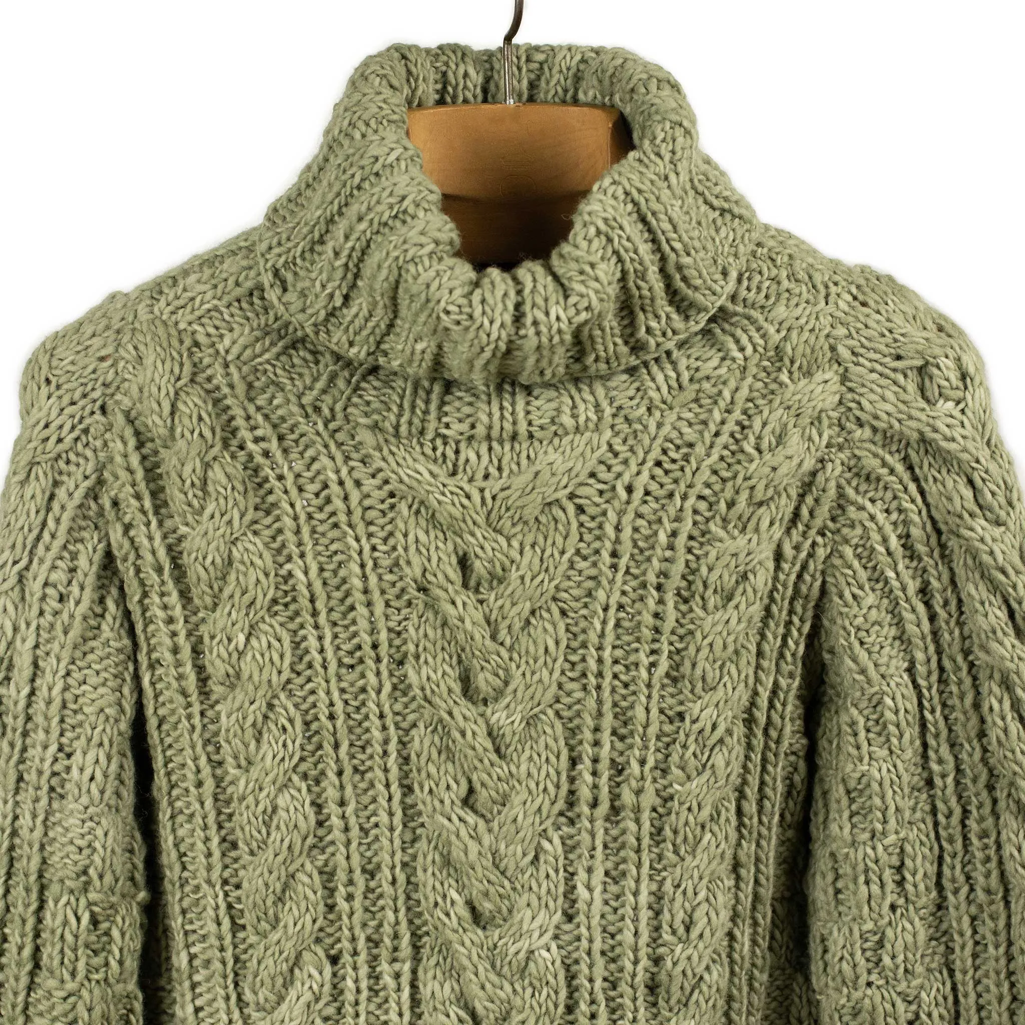 Chamula hand-knit Fisherman Turtleneck sweater in Light Military green wool