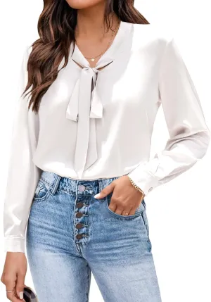 Chigant Blouses for Women Satin Silk Tops Long Sleeve Bow Tie Neck Shirt Office Work Clothes