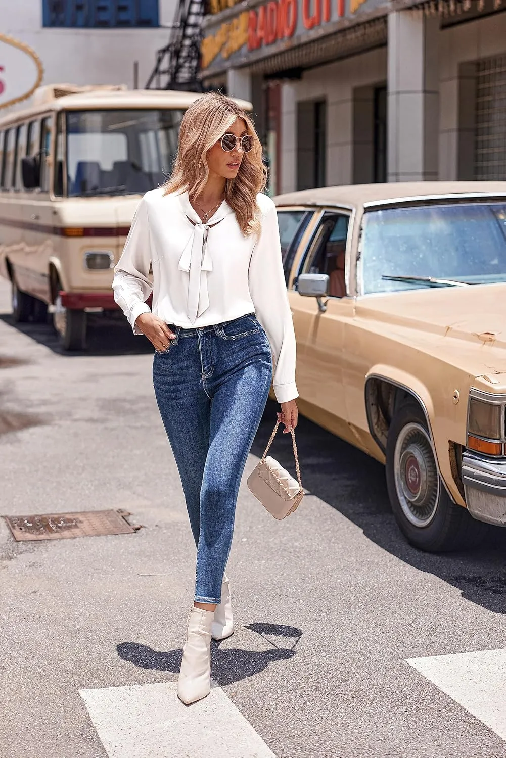 Chigant Blouses for Women Satin Silk Tops Long Sleeve Bow Tie Neck Shirt Office Work Clothes