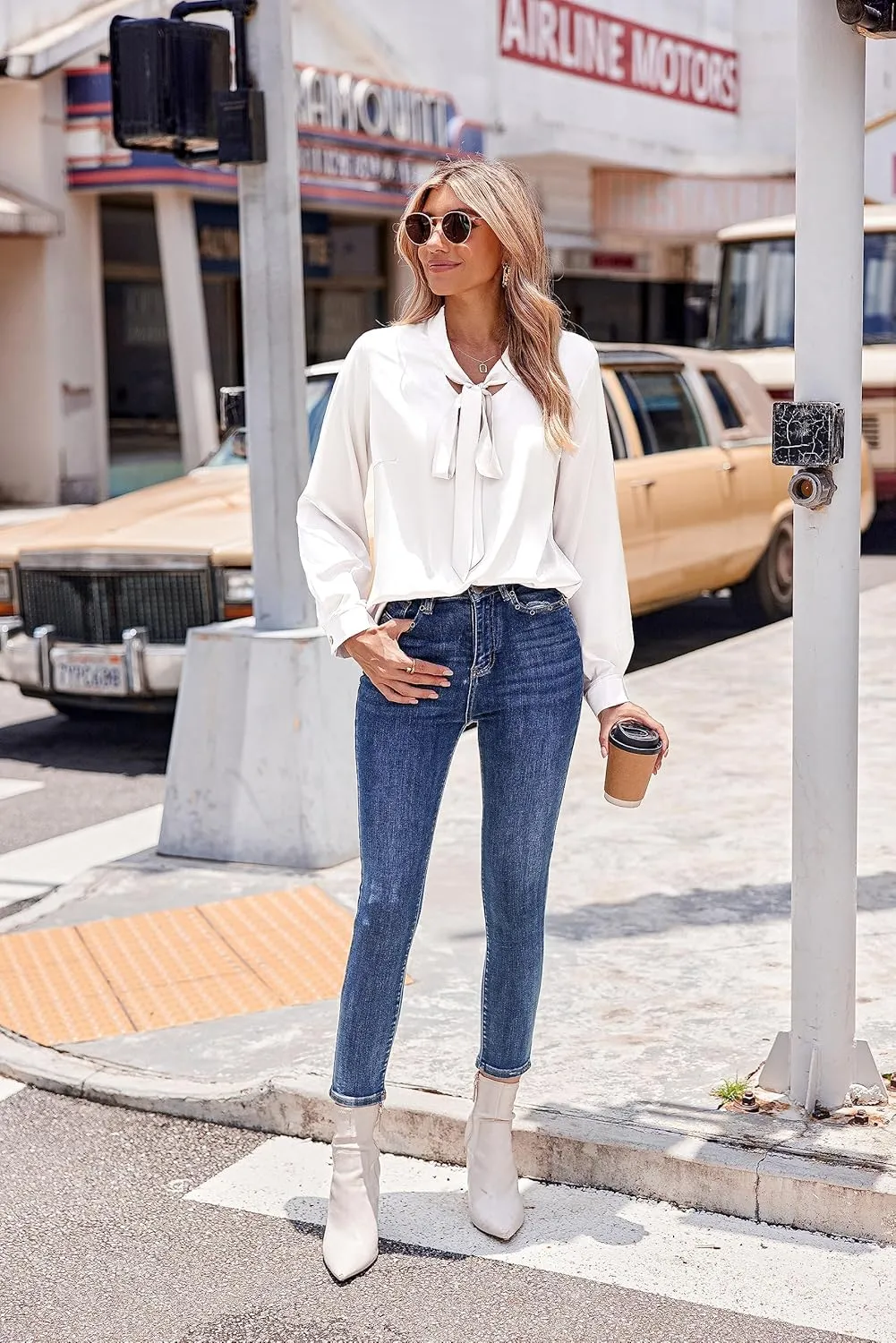 Chigant Blouses for Women Satin Silk Tops Long Sleeve Bow Tie Neck Shirt Office Work Clothes