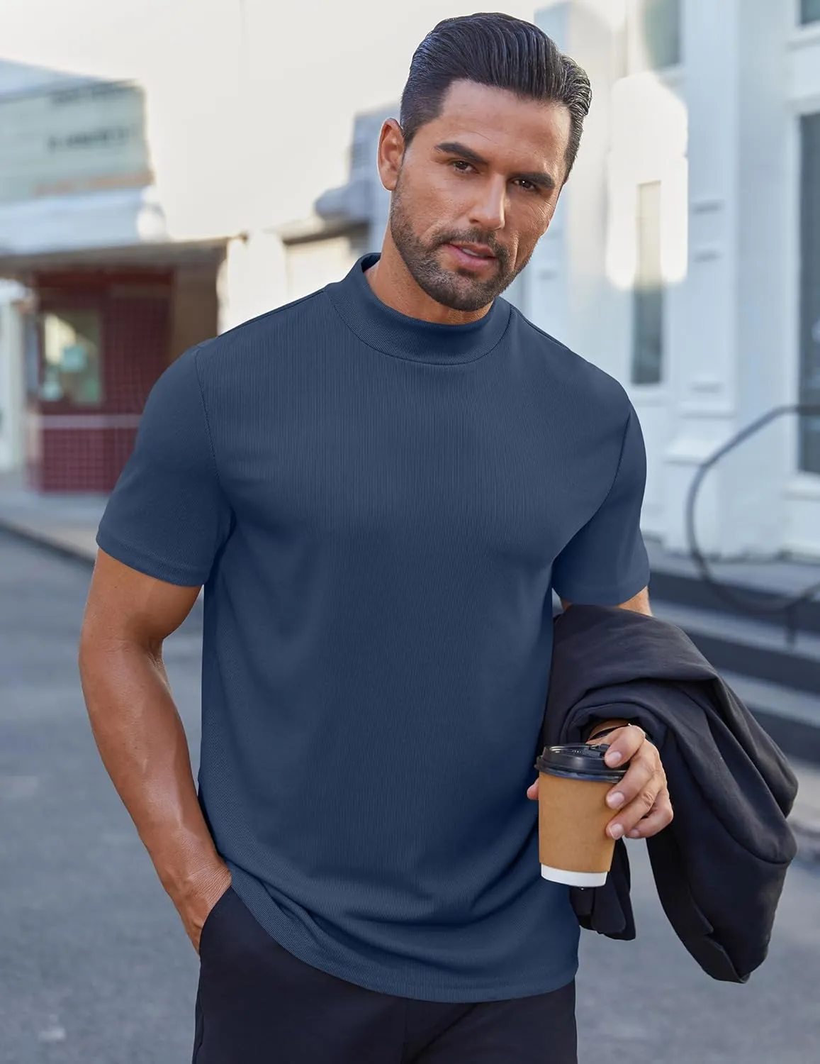 COOFANDY Mens Mock Turtleneck Shirts Short Sleeve Casual Basic T-Shirts Ribbed Solid Pullover Tops