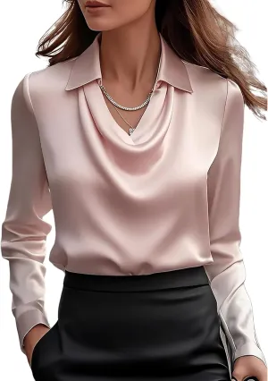 CORIRESHA Women's Elegant Cowl Neck Satin Blouse Long Sleeve Office Work Shirt Silk Top