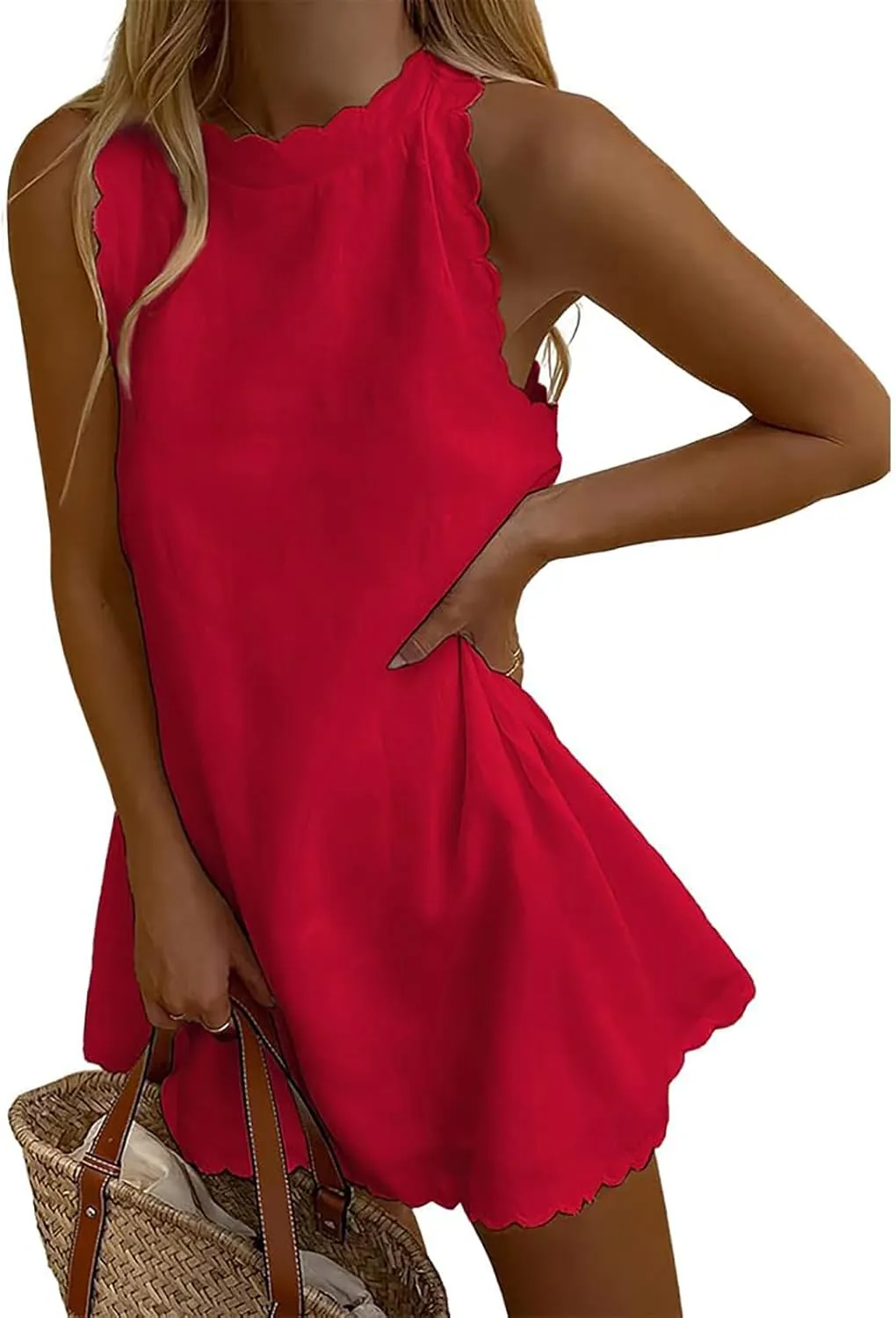 Costaric Women's Cotton Linen Tank Dress Floral Embroidered Sleeveless Scallop Mock Neck Mini Dress Summer Beach Sundress