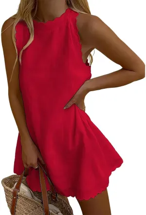 Costaric Women's Cotton Linen Tank Dress Floral Embroidered Sleeveless Scallop Mock Neck Mini Dress Summer Beach Sundress