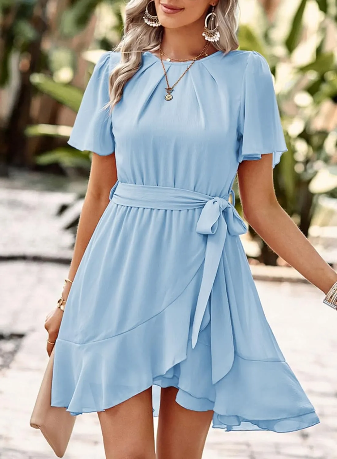 Dokotoo Womens Summer Dresses 2025 Crewneck Short Sleeve Waist Tie Ruffle Casual Chiffon A-Line Swing Mini Dress