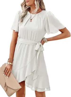 Dokotoo Womens Summer Dresses 2025 Crewneck Short Sleeve Waist Tie Ruffle Casual Chiffon A-Line Swing Mini Dress