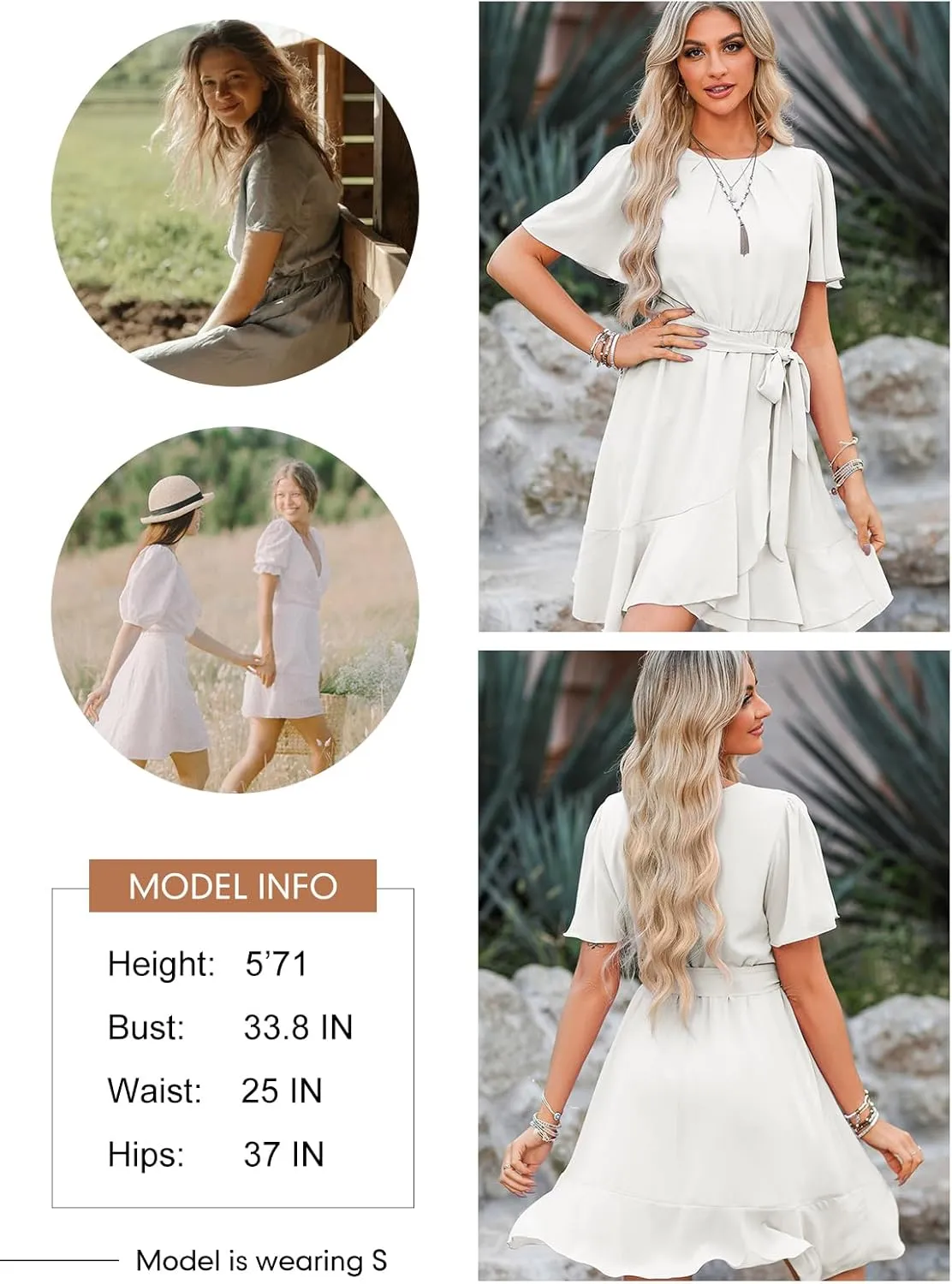Dokotoo Womens Summer Dresses 2025 Crewneck Short Sleeve Waist Tie Ruffle Casual Chiffon A-Line Swing Mini Dress