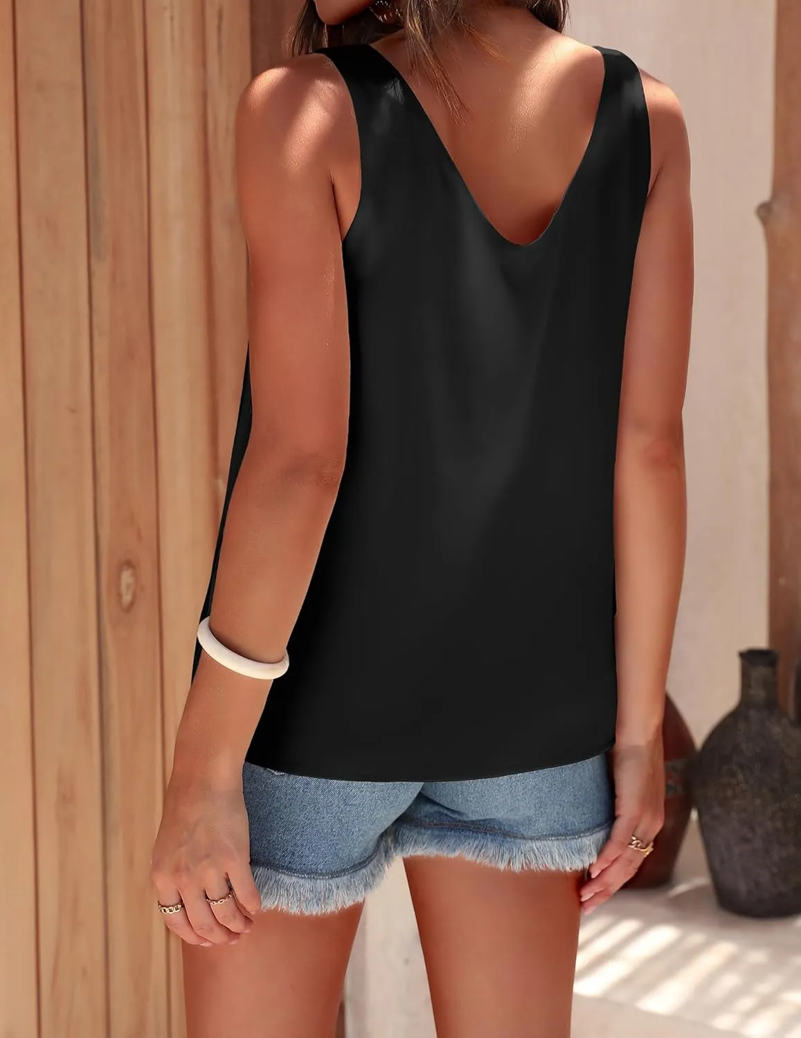 Ekouaer Womens Silk Satin Tank Tops V Neck Casual Cami Sleeveless Camisole Blouses Summer Basic Tank Shirt