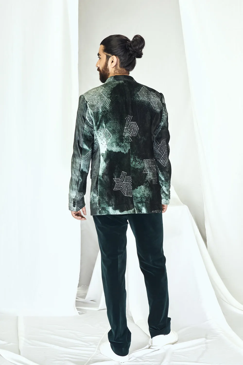 Emerald Green Velvet Printed & Embroidered Blazer