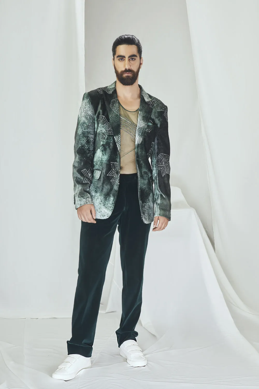 Emerald Green Velvet Printed & Embroidered Blazer