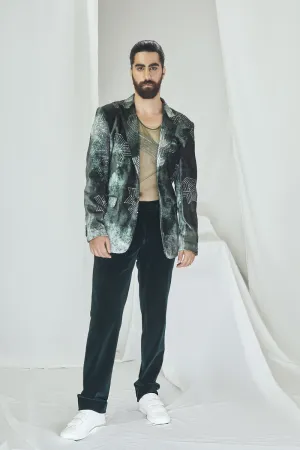 Emerald Green Velvet Printed & Embroidered Blazer