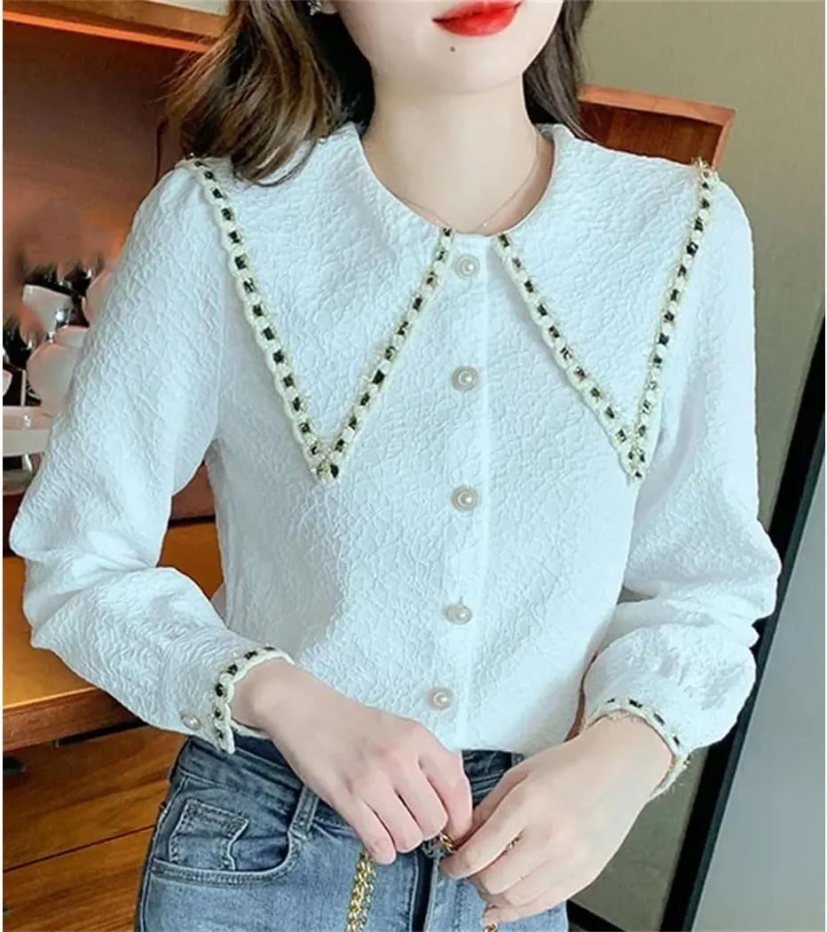 Fashion Lapel Collar Shirt for Women Long Sleeve Blouse Button Slim Fit Shirt Office Ladies Work Blouses