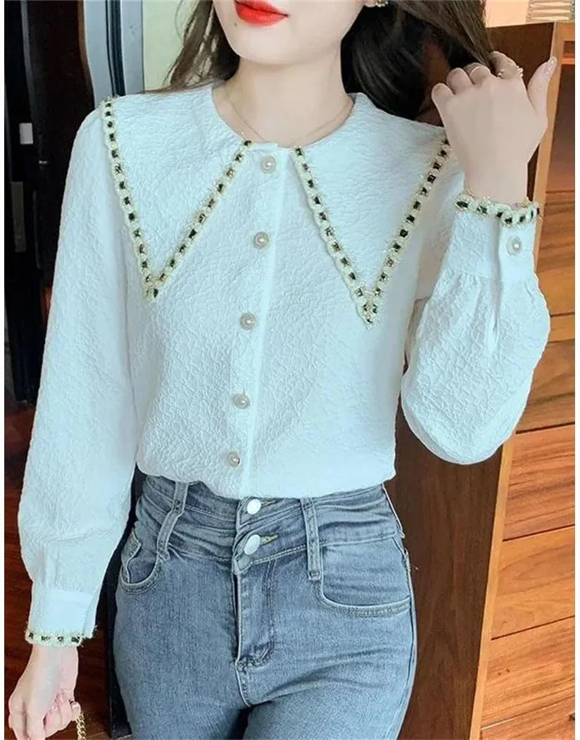 Fashion Lapel Collar Shirt for Women Long Sleeve Blouse Button Slim Fit Shirt Office Ladies Work Blouses