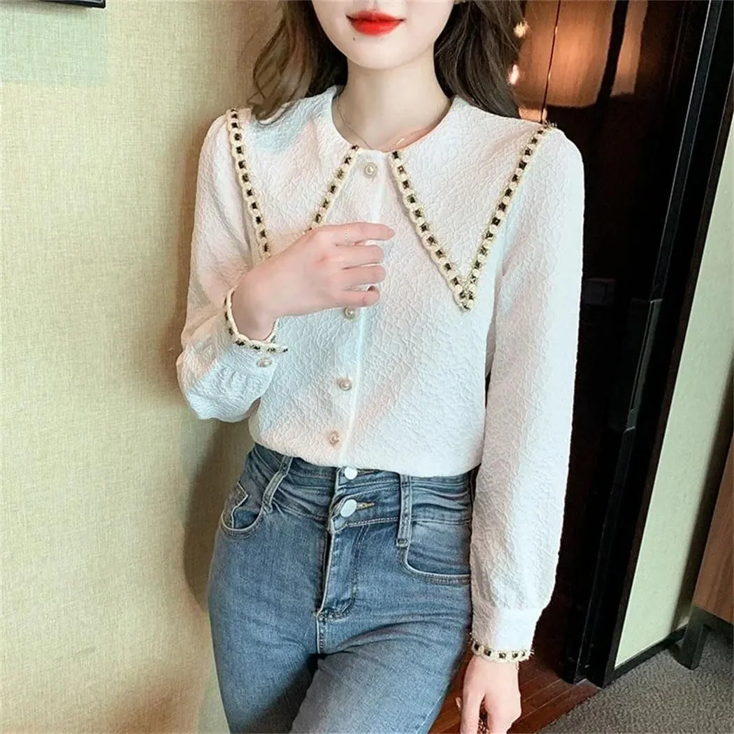 Fashion Lapel Collar Shirt for Women Long Sleeve Blouse Button Slim Fit Shirt Office Ladies Work Blouses