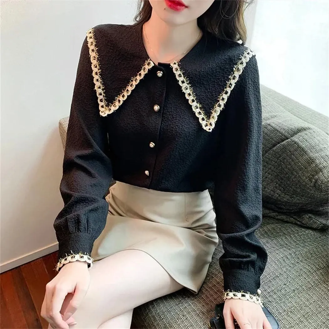 Fashion Lapel Collar Shirt for Women Long Sleeve Blouse Button Slim Fit Shirt Office Ladies Work Blouses