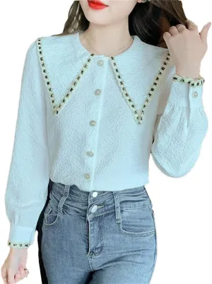 Fashion Lapel Collar Shirt for Women Long Sleeve Blouse Button Slim Fit Shirt Office Ladies Work Blouses