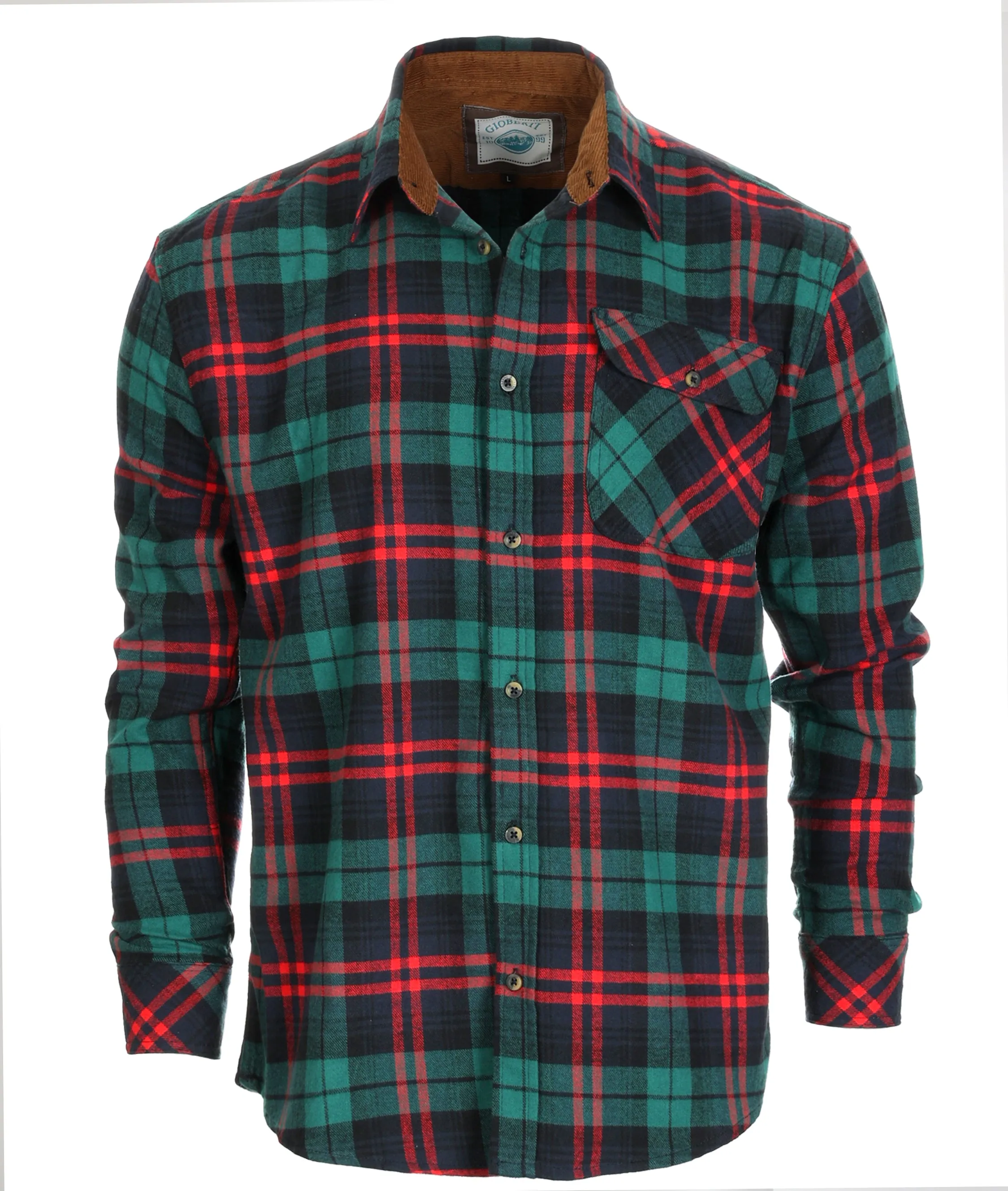 Gioberti Men's Green / Red 100% Cotton Brushed Flannel Plaid Checkered Shirt with Corduroy Contrast