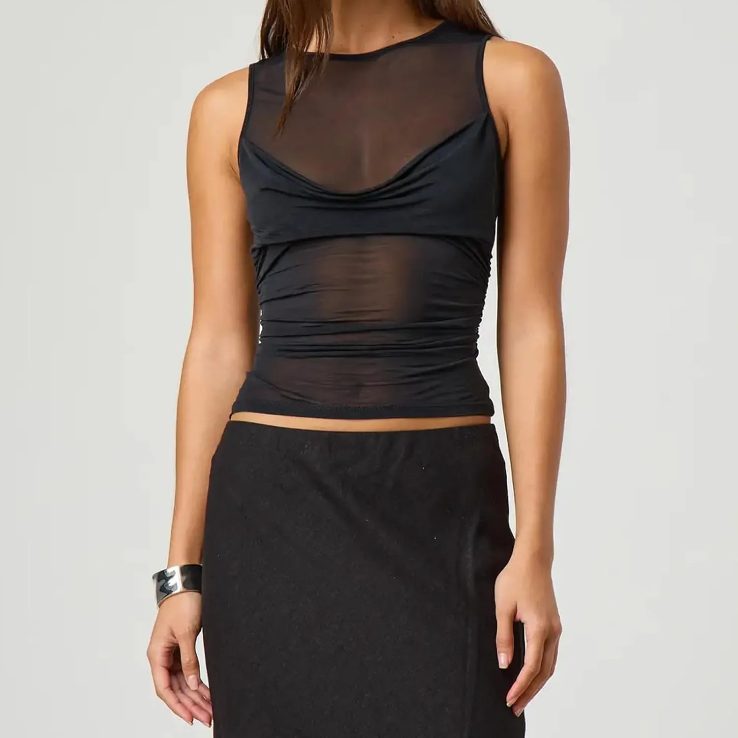 Giraropa Sheer Mesh Top for Women Summer Sleeveless Crew Neck Slim Fit Tank Tops Sexy See Through Blouse Shirt