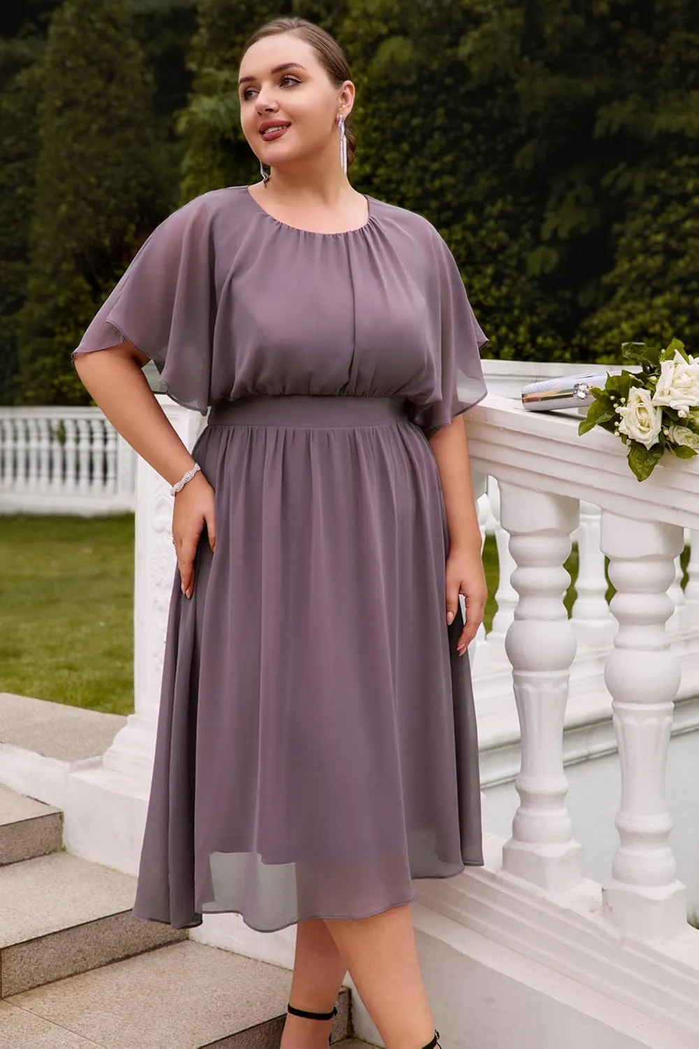 Hanna Nikole Plus Size Chiffon Dresses for Women Flounce Sleeves Empire Waist A Line Summer Beach Dress