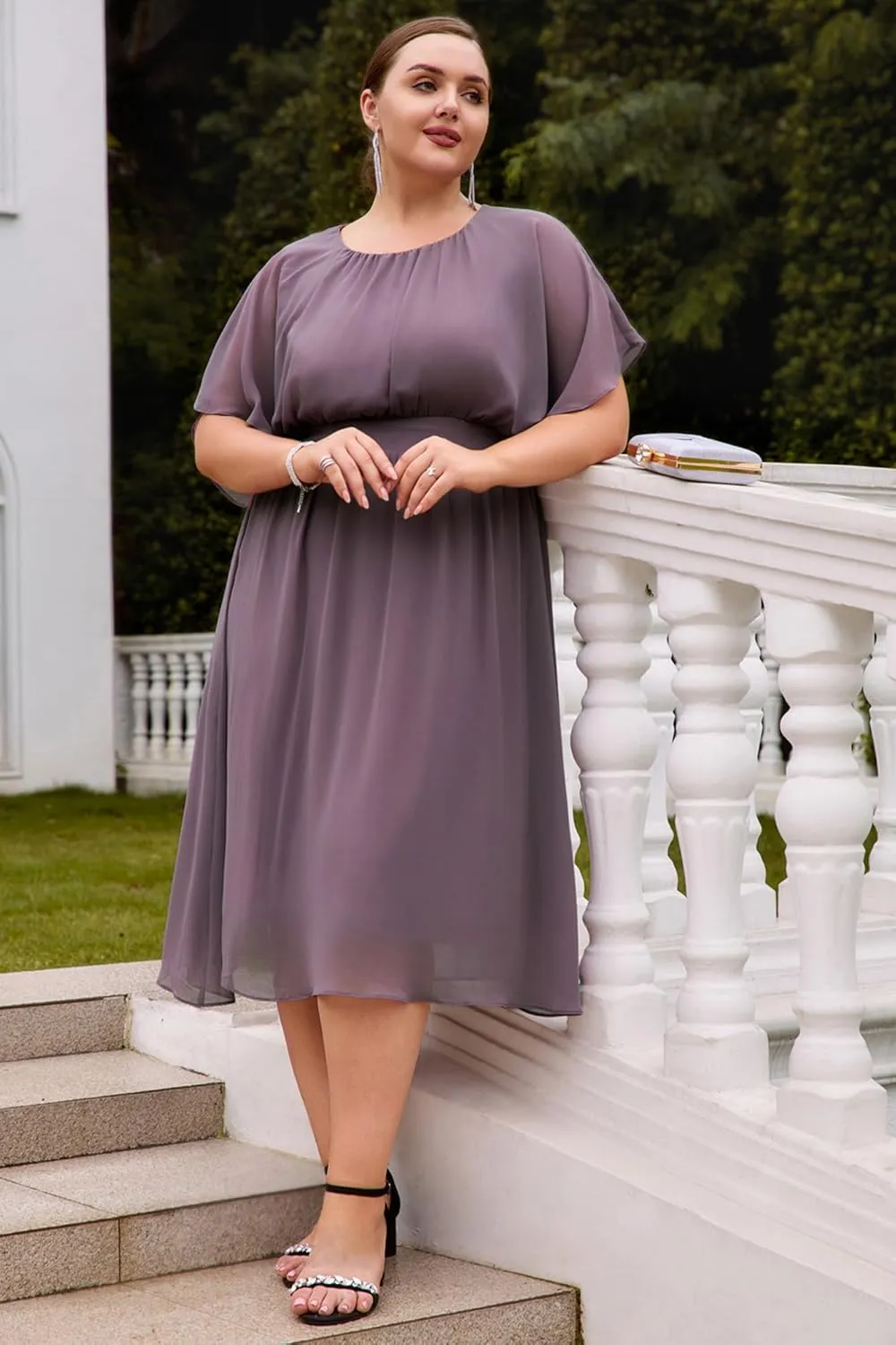 Hanna Nikole Plus Size Chiffon Dresses for Women Flounce Sleeves Empire Waist A Line Summer Beach Dress