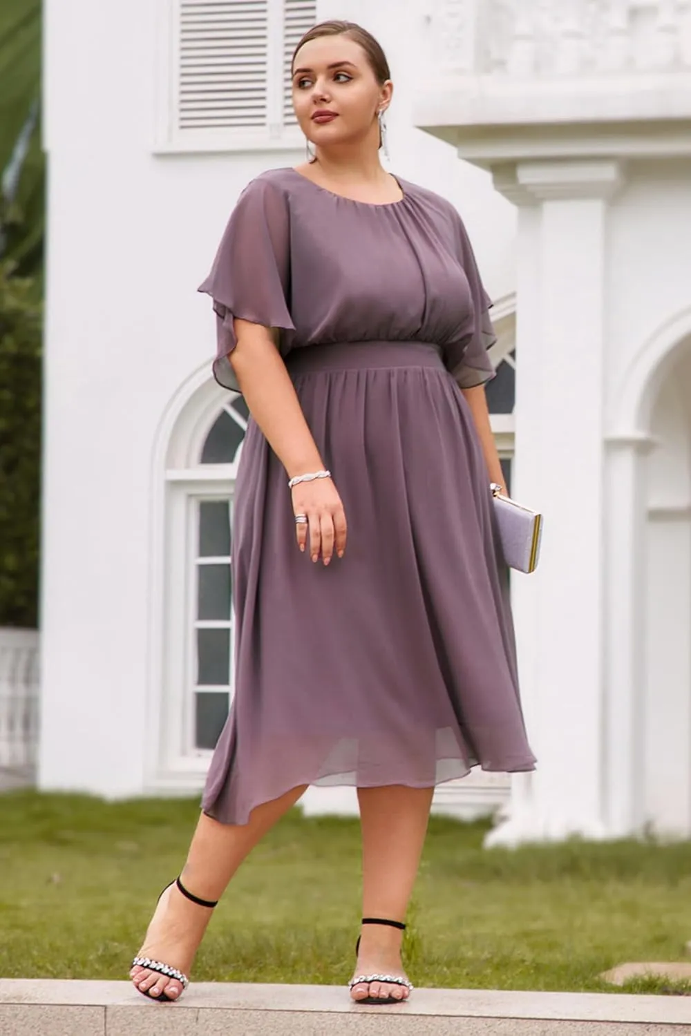 Hanna Nikole Plus Size Chiffon Dresses for Women Flounce Sleeves Empire Waist A Line Summer Beach Dress