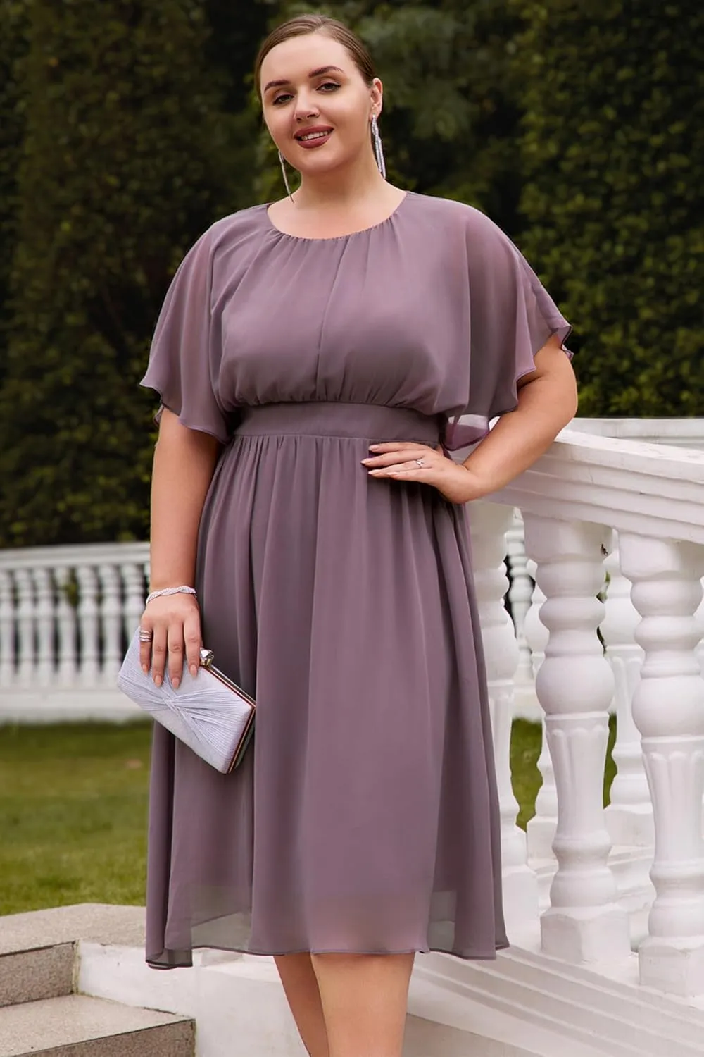 Hanna Nikole Plus Size Chiffon Dresses for Women Flounce Sleeves Empire Waist A Line Summer Beach Dress