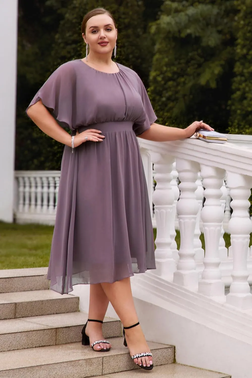 Hanna Nikole Plus Size Chiffon Dresses for Women Flounce Sleeves Empire Waist A Line Summer Beach Dress