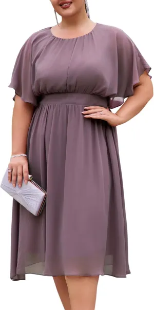 Hanna Nikole Plus Size Chiffon Dresses for Women Flounce Sleeves Empire Waist A Line Summer Beach Dress