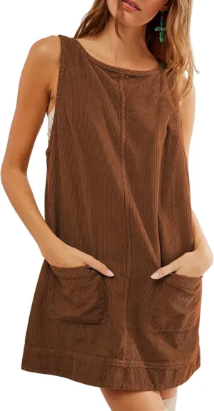 Hooever Women's Corduroy Overall Dress Round Neck A Line Skirtall Jumper Mini Dress Pinafore with Pockets