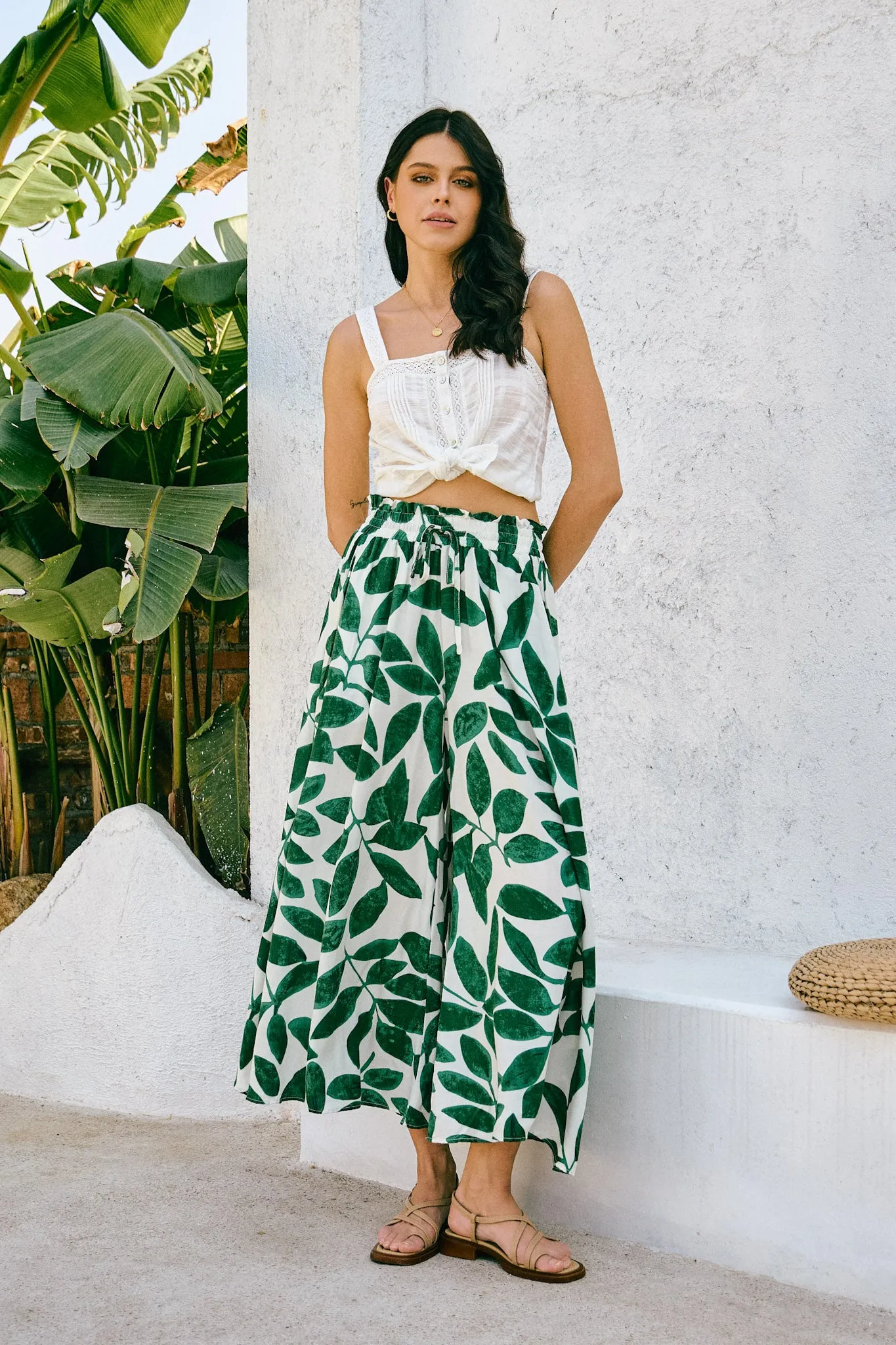 Ivy Green Tropical Wide Leg Cropped Pants
