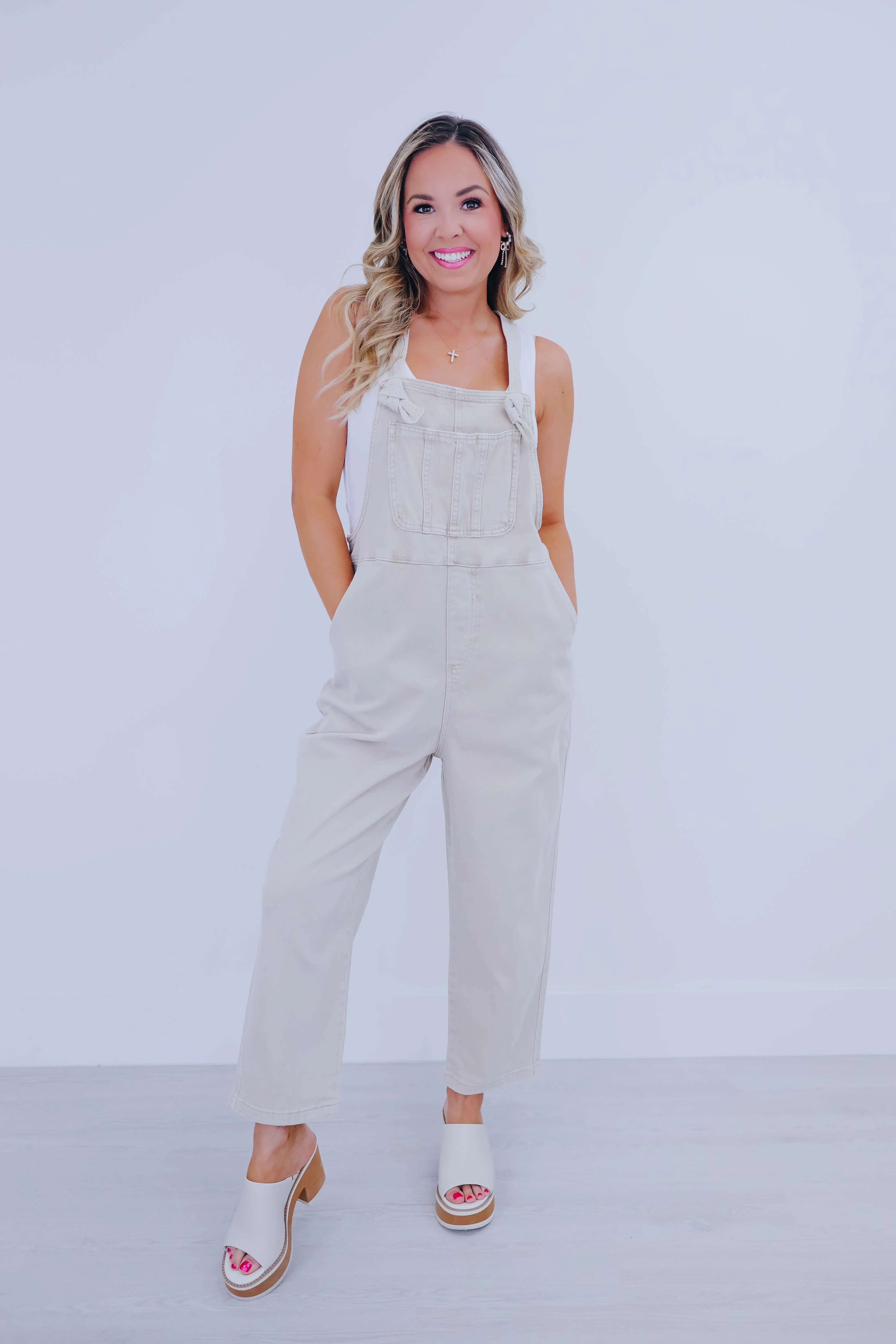 Kamryn Comfy Cropped Tie Knot Overalls - 8 Colors