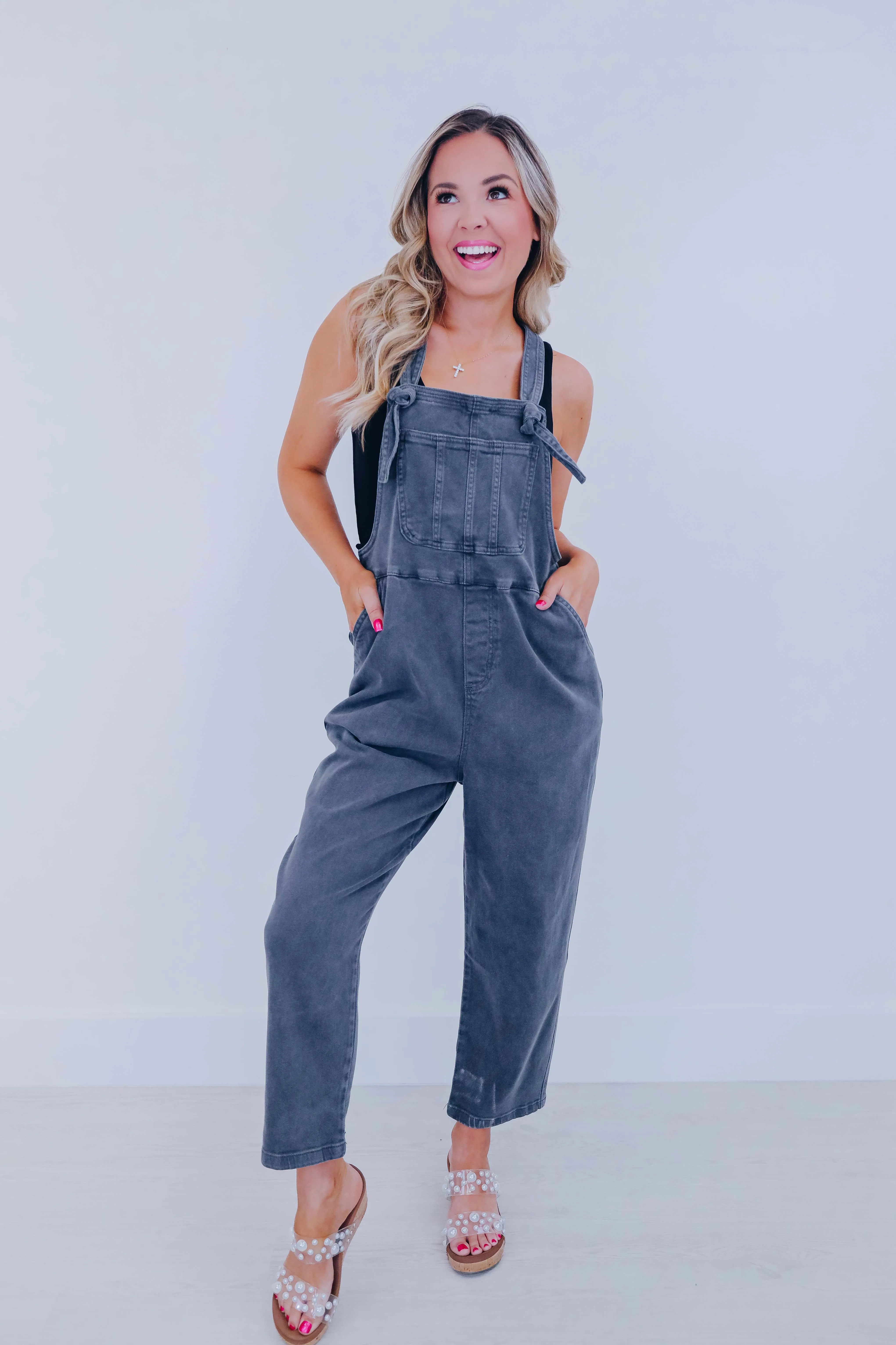 Kamryn Comfy Cropped Tie Knot Overalls - 8 Colors