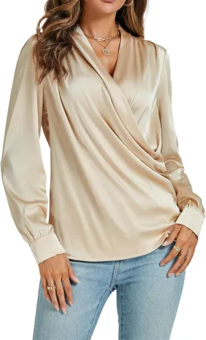KIFOVEN Women's Satin Wrap V Neck Long Sleeve Shirt Ruched Elegant Tunic Blouse Top