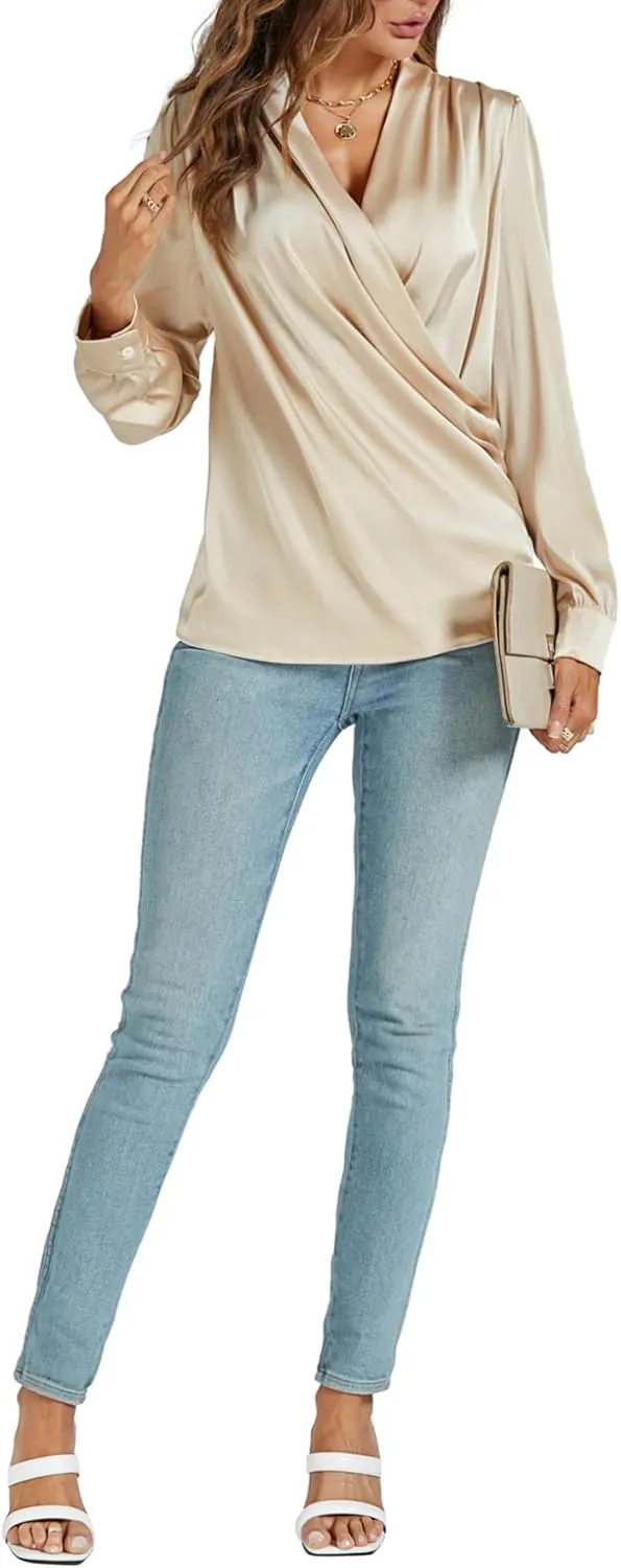KIFOVEN Women's Satin Wrap V Neck Long Sleeve Shirt Ruched Elegant Tunic Blouse Top
