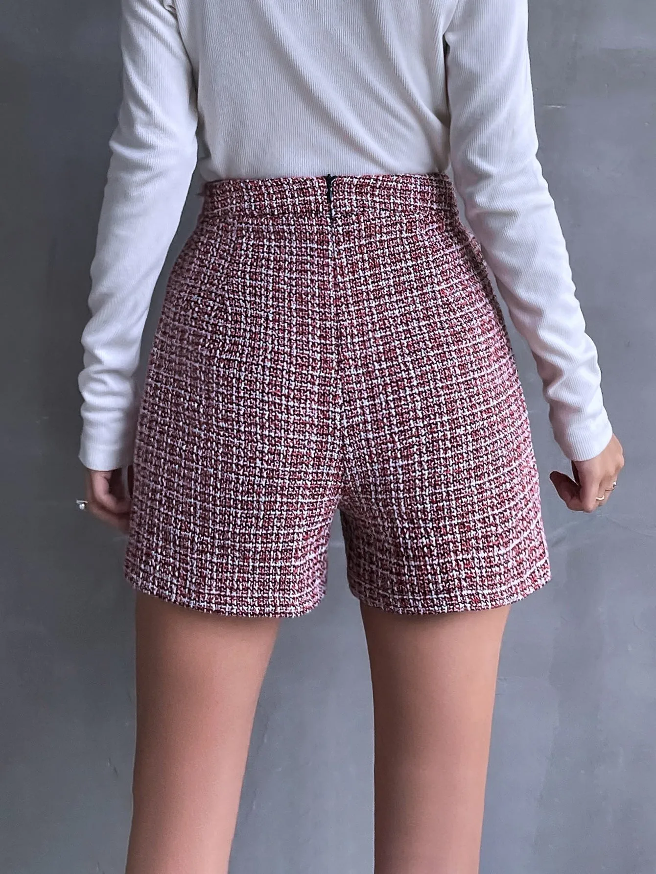 KittenAlarm - High Waist Button Detail Zip Back Gingham Tweed Shorts