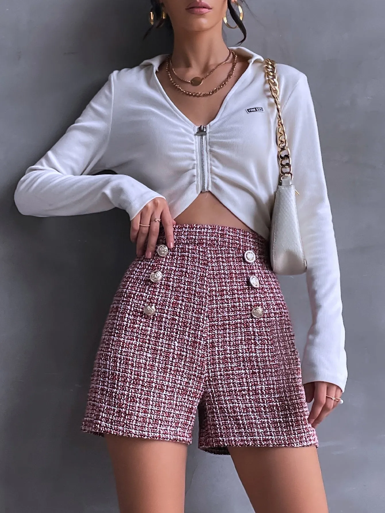 KittenAlarm - High Waist Button Detail Zip Back Gingham Tweed Shorts