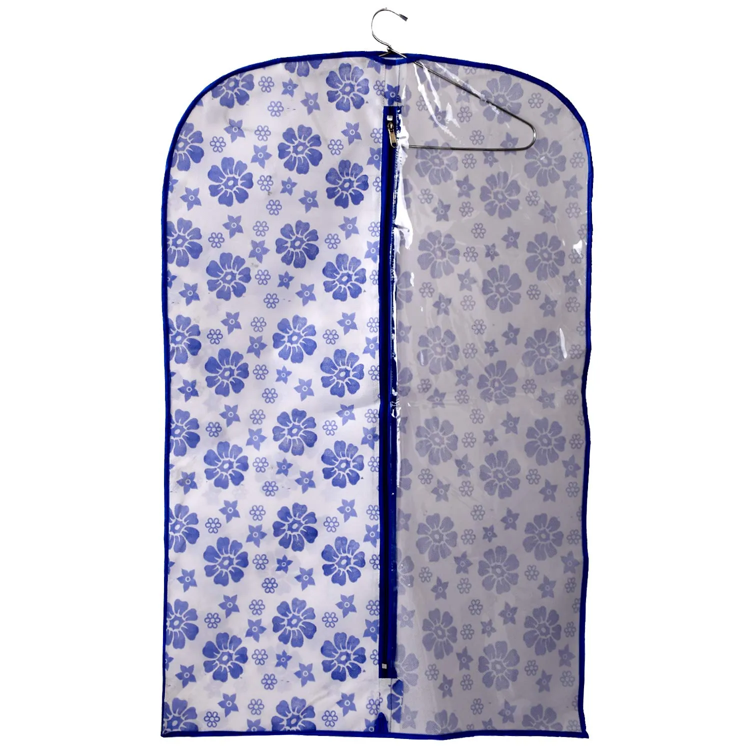 Kuber Industries Velvet Blue Flower Printed Half Transparent Non Woven Men's Coat Blazer Cover Travel bag (CTLTC039450)