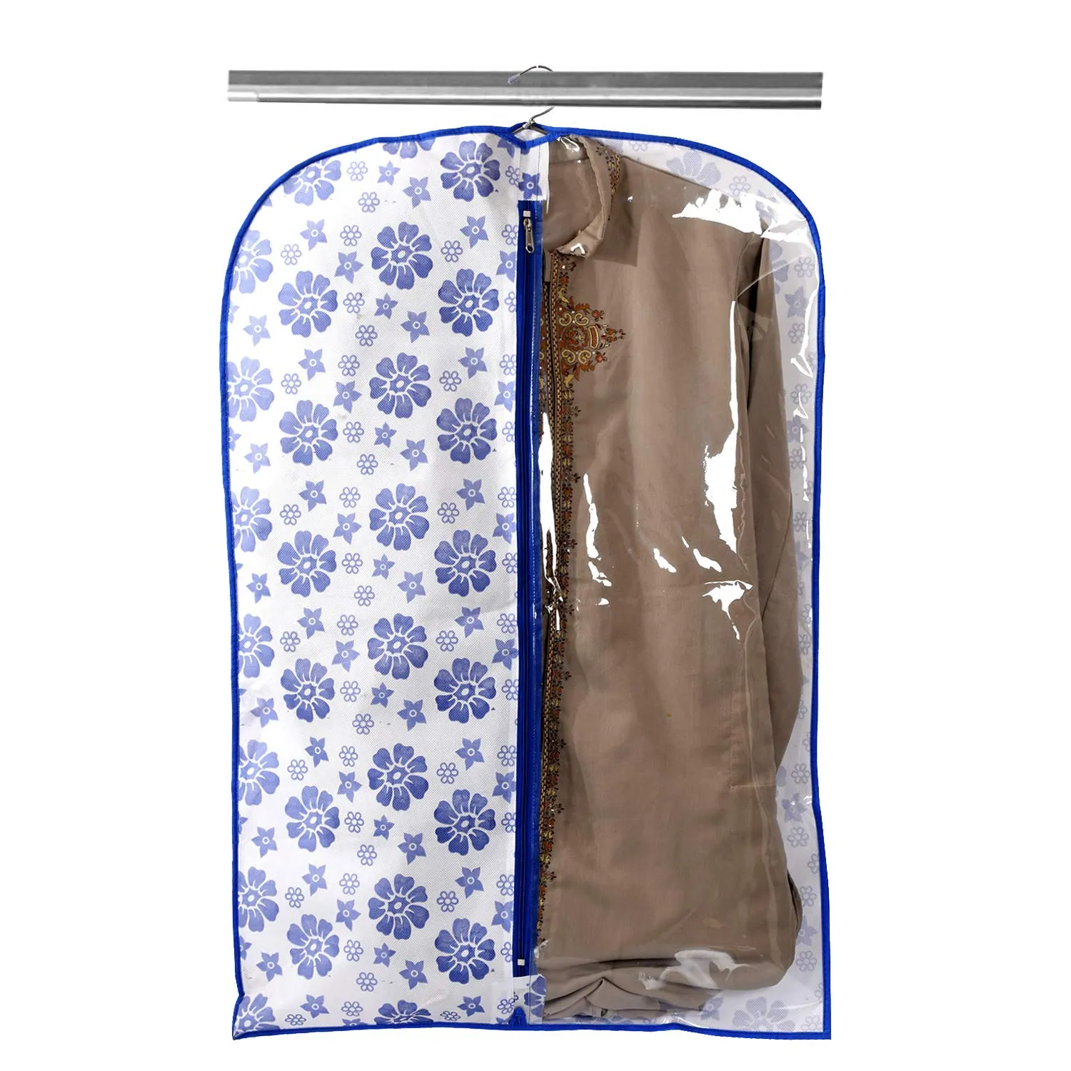 Kuber Industries Velvet Blue Flower Printed Half Transparent Non Woven Men's Coat Blazer Cover Travel bag (CTLTC039450)